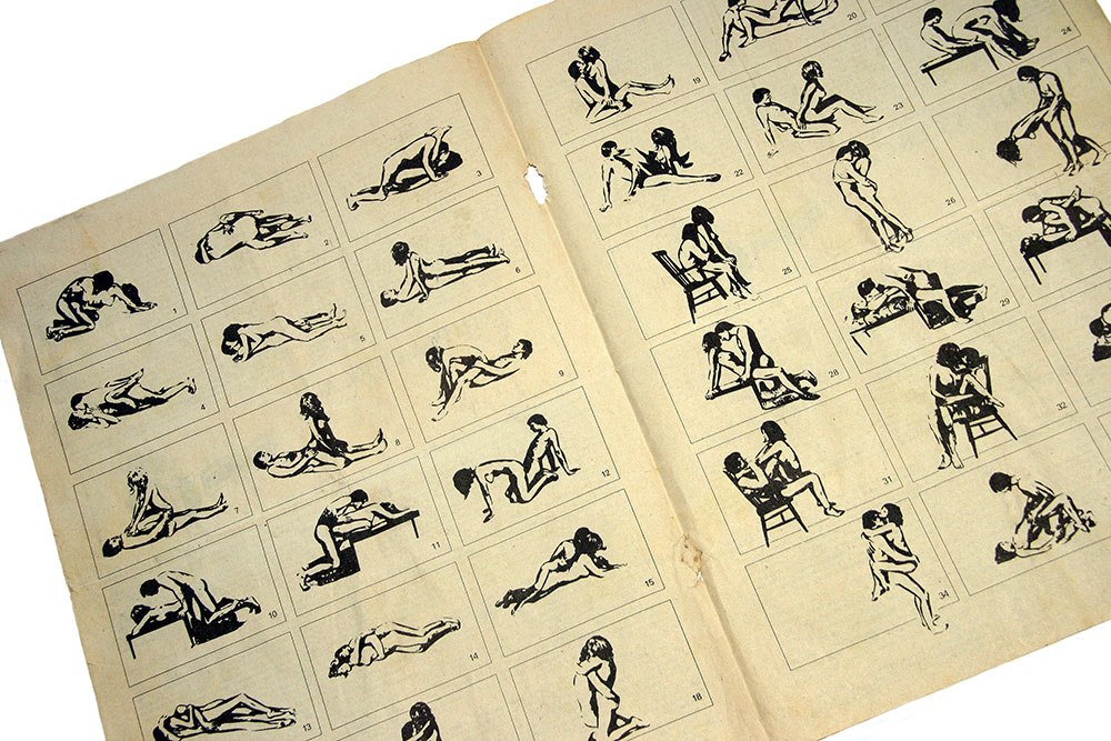 Doppelseite eines Buches mit Abbildungen verschiedener Sexstellungen