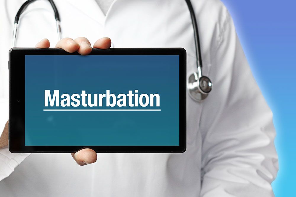 Doktor hält Tablet in Hand auf dem groß Masturbation steht - MQ-Illustrations
