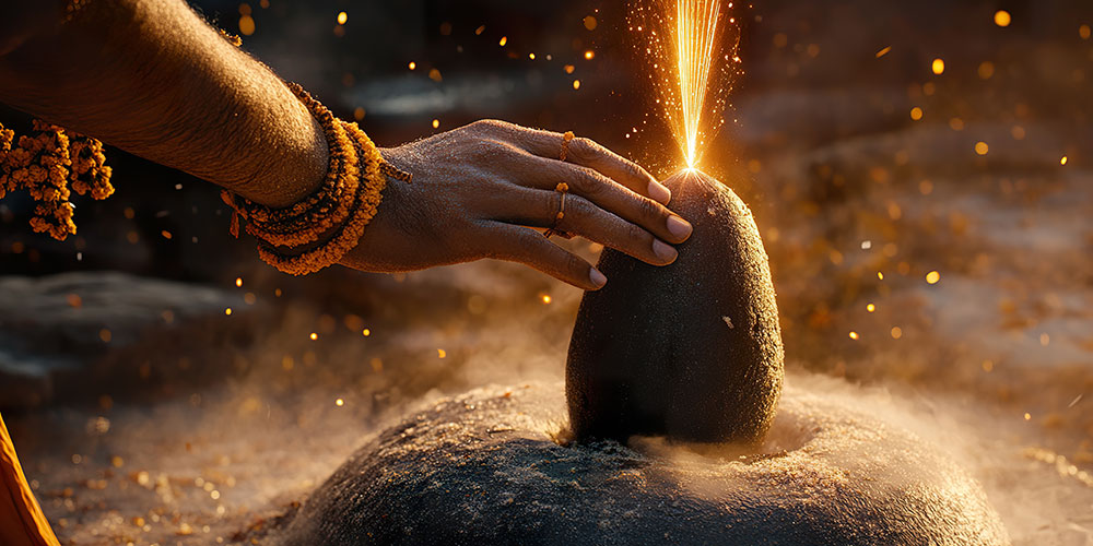 Illustration einer Lingam-Massage auf einem feuerspeienden Stein - drizzlingstarsstudio