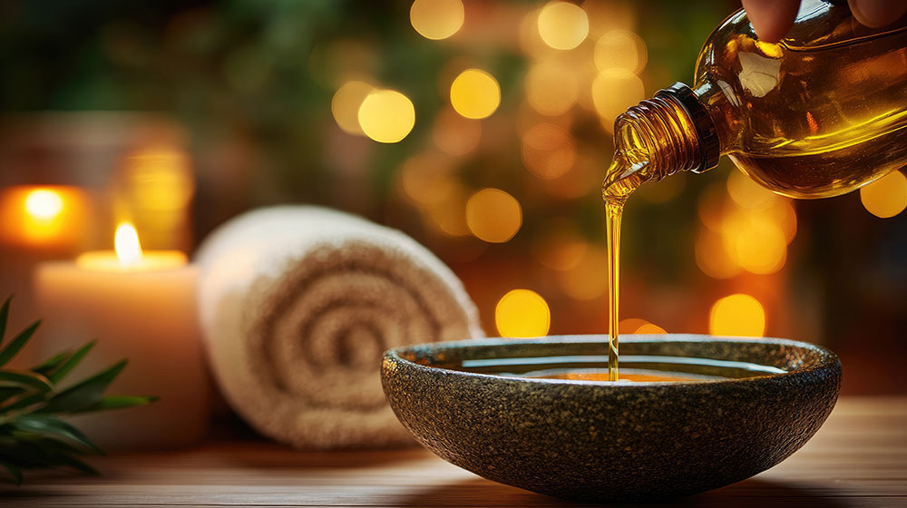 Romantische Szene mit Massageöl in Schale - Mika